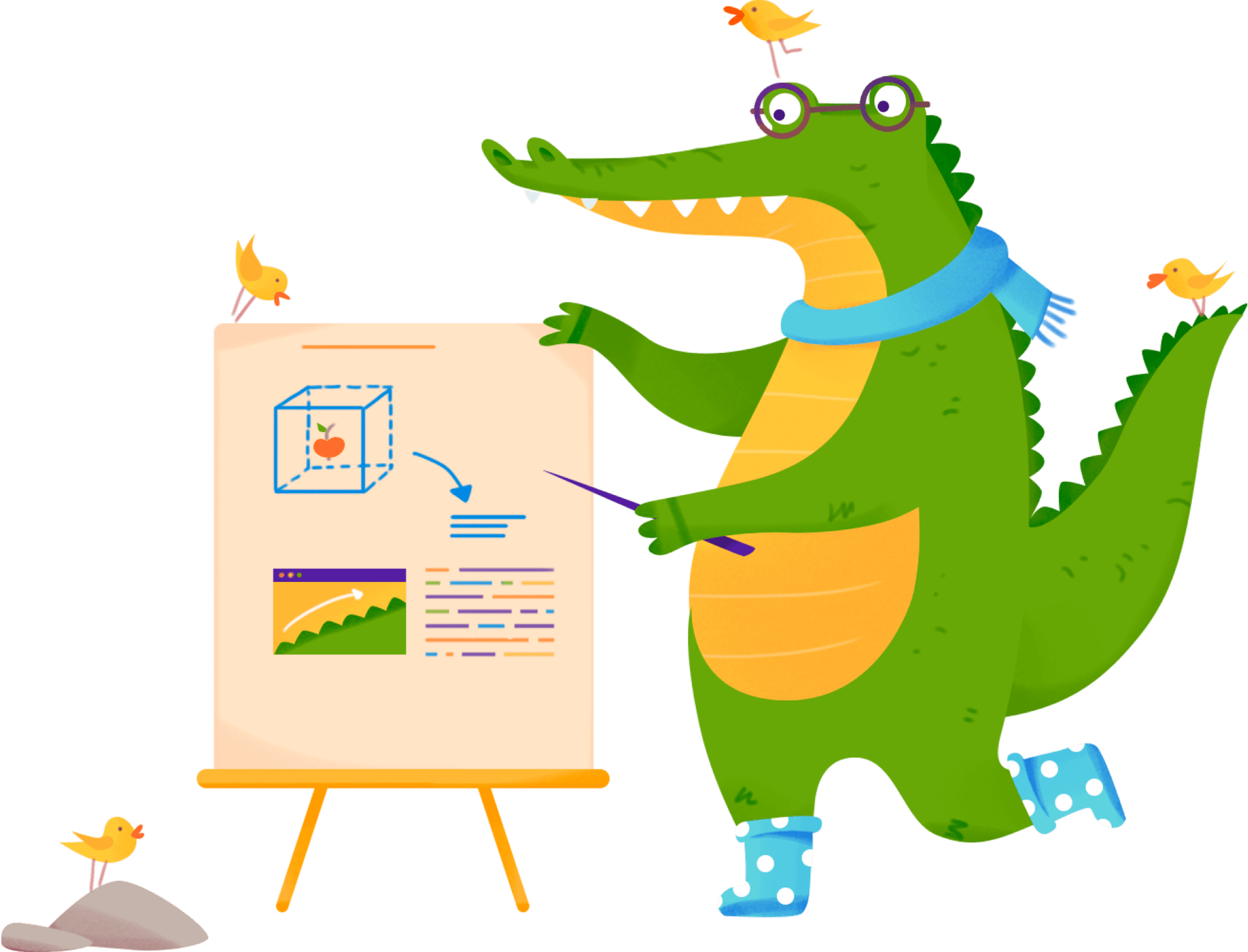 Illustration of crocodile presenting analytics on a board