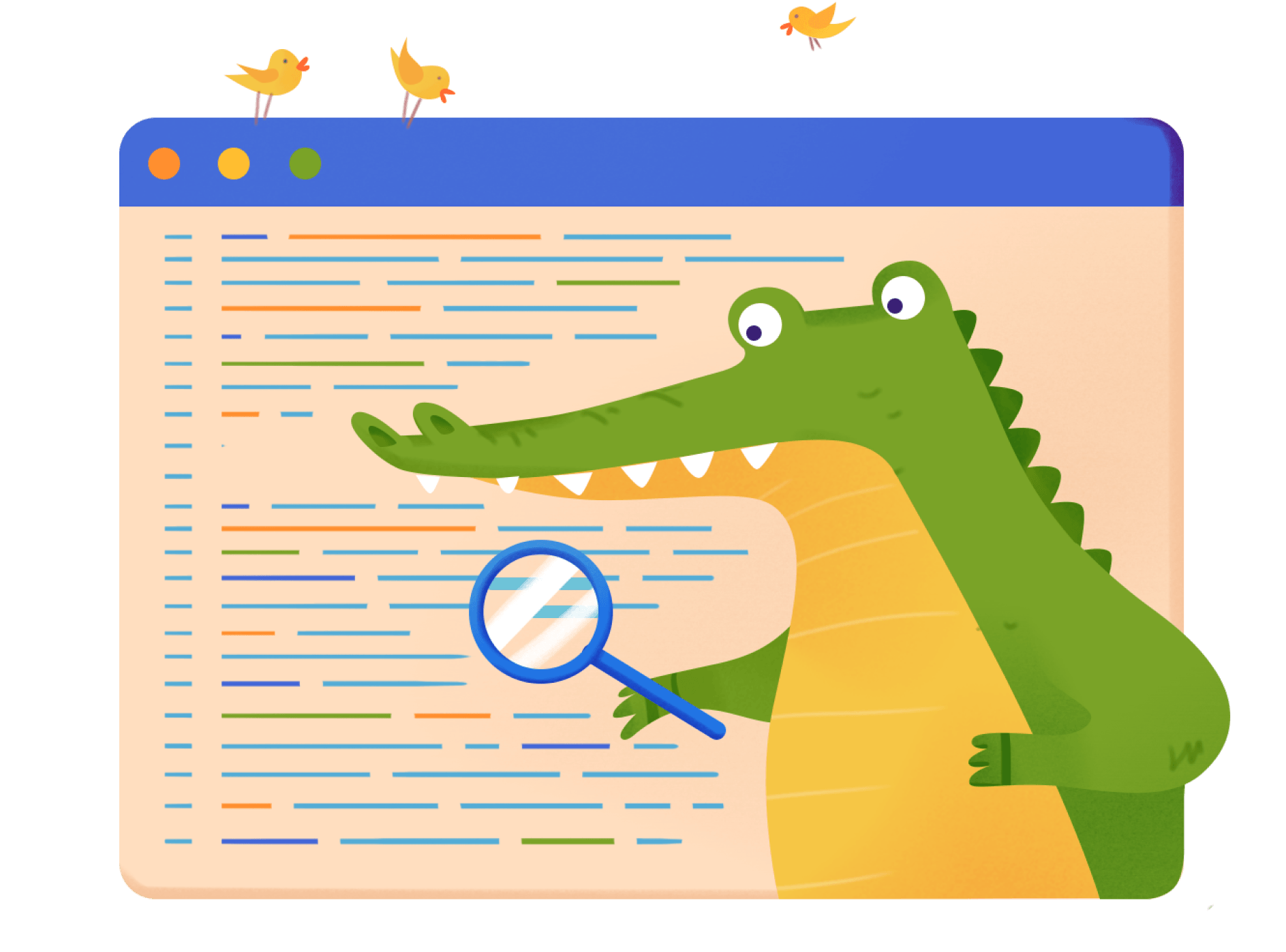 Illustration of crocodile analyzing with a loupe