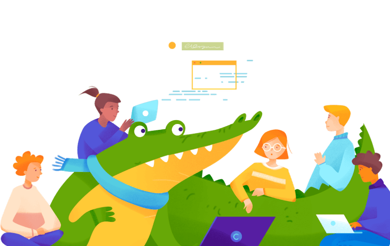 Software developers accompanied by a crocodile
