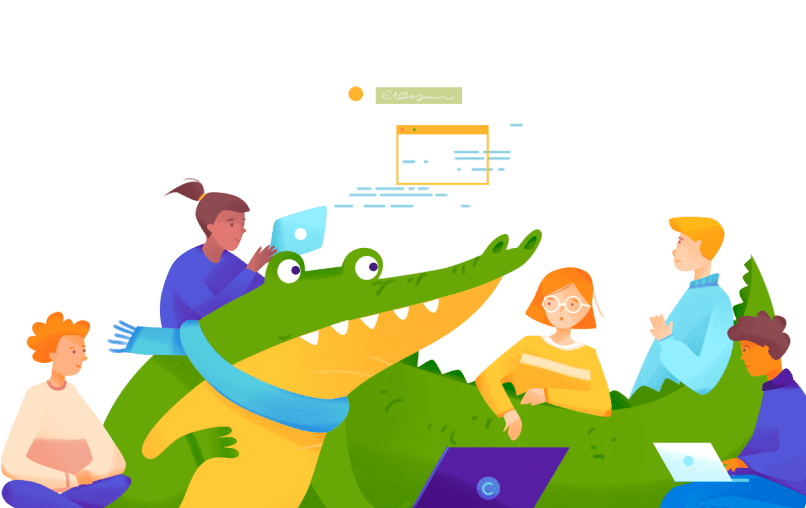 Software developers accompanied by a crocodile