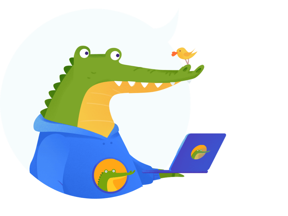 Illustration of a crocodile in a cloud with laptop