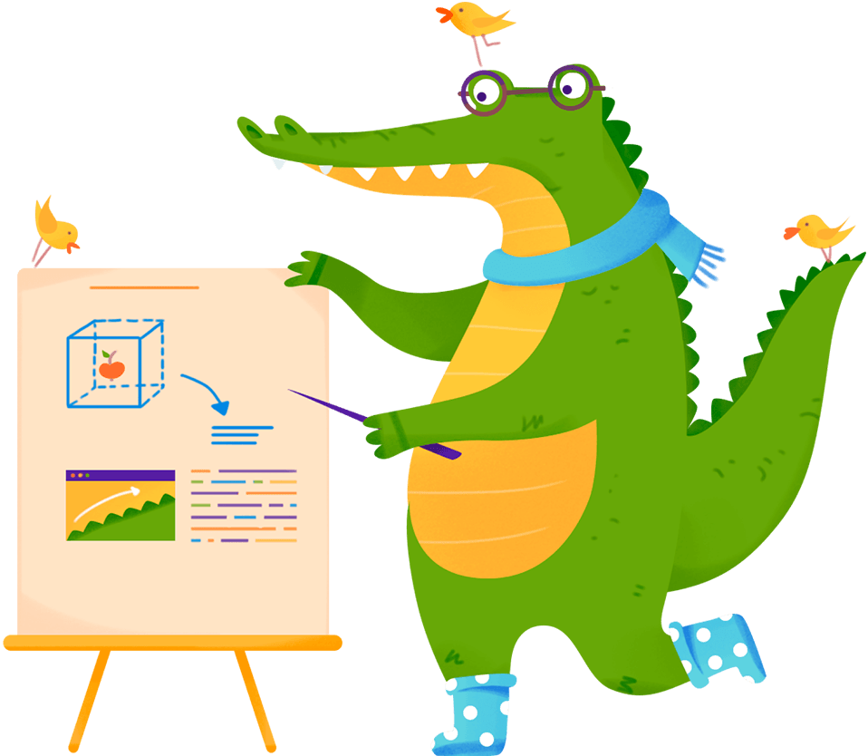 Illustration of crocodile presenting analytics on a board