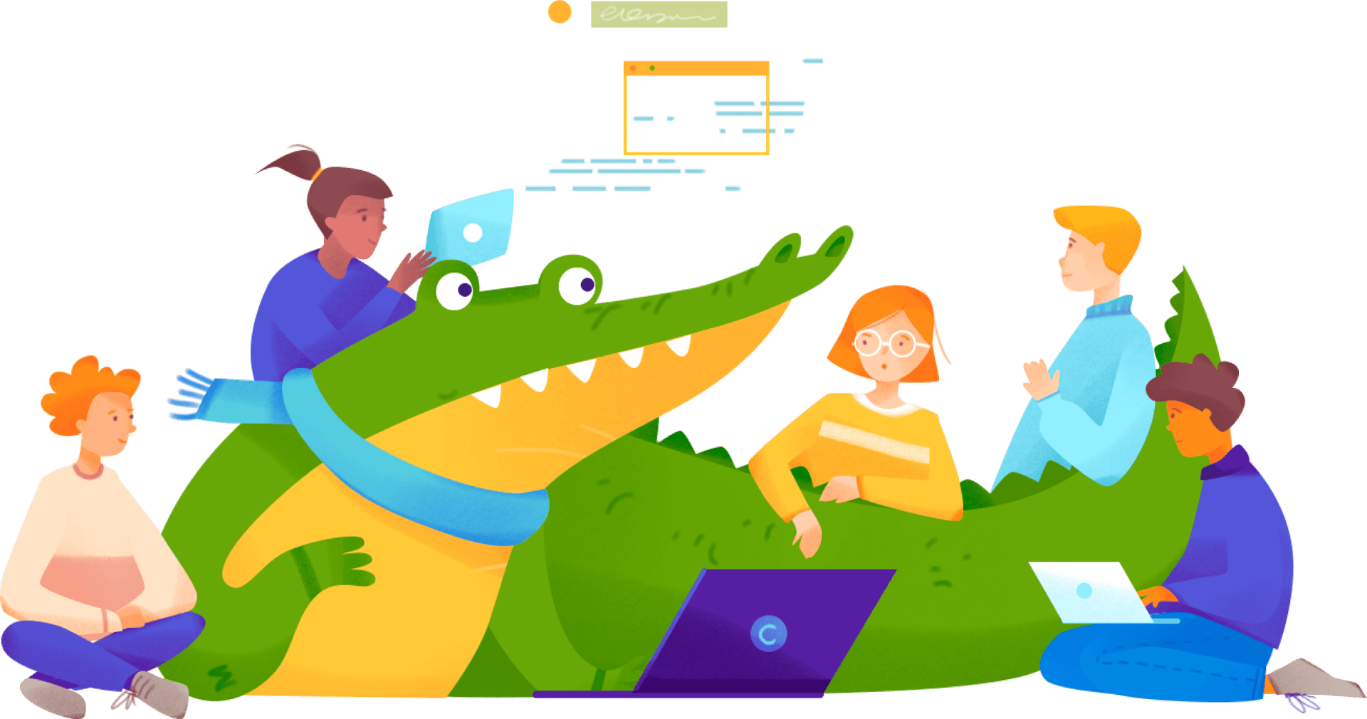 Illustration of crocodile and developers collaborating