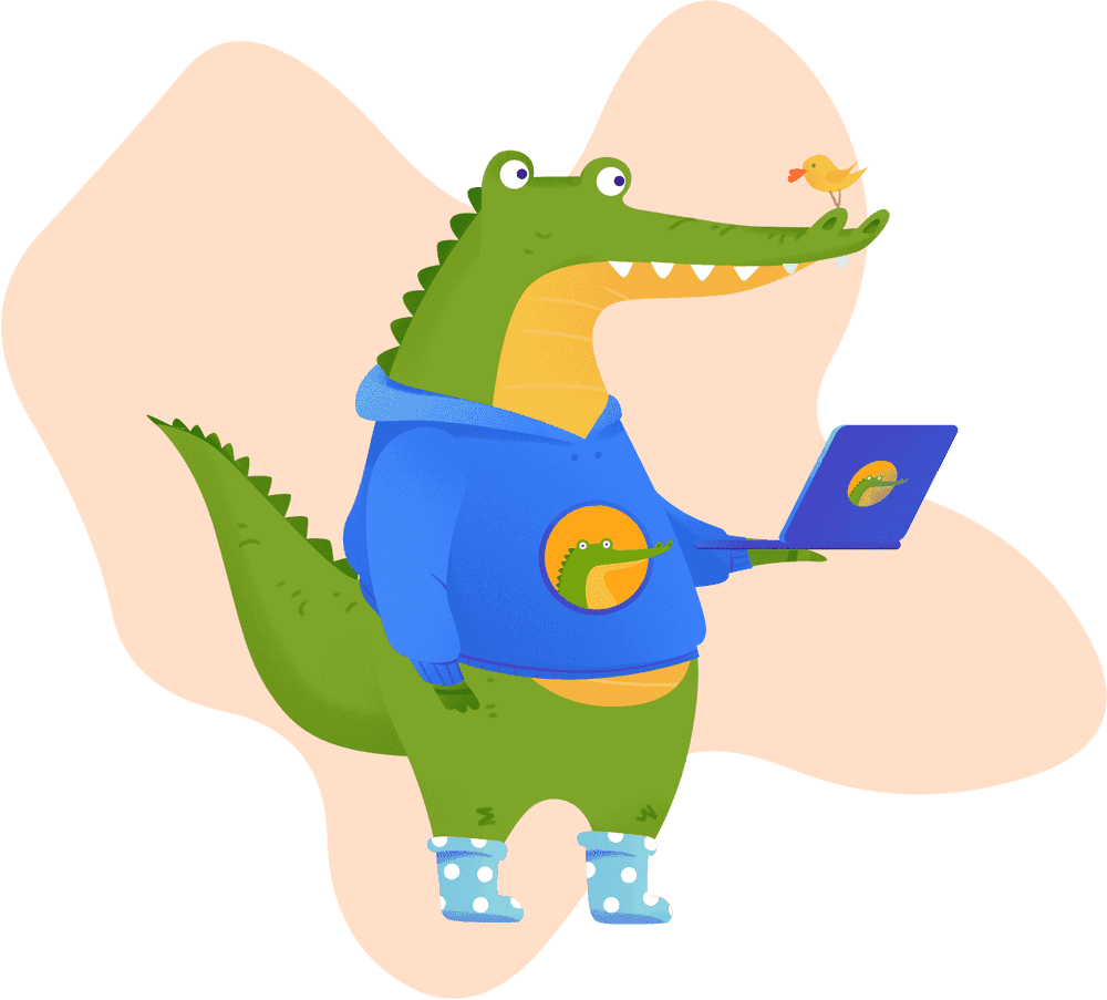 CroCoder crocodile in a hoodie holding a laptop